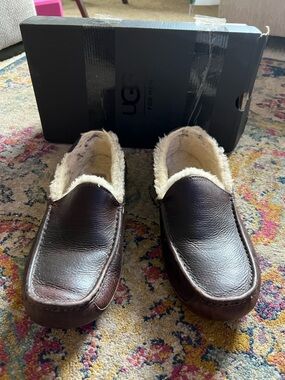 UGG Men's Dark Brown Leather Slip-On Shearling Moccasins
